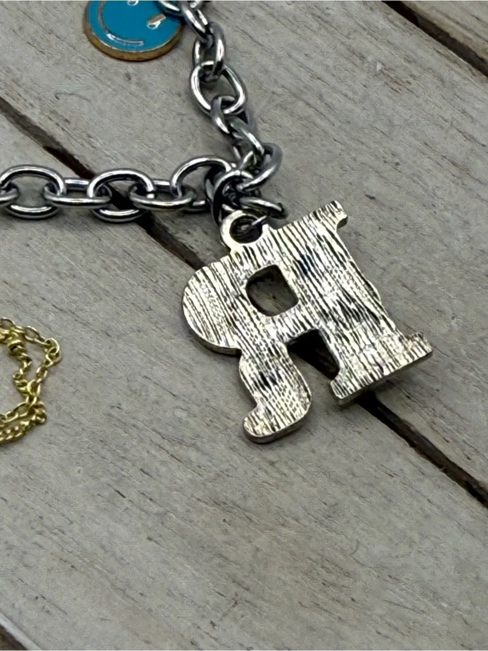 Set of two Letter “R” Turquoise Charm Bracelet and Gold Necklace Set